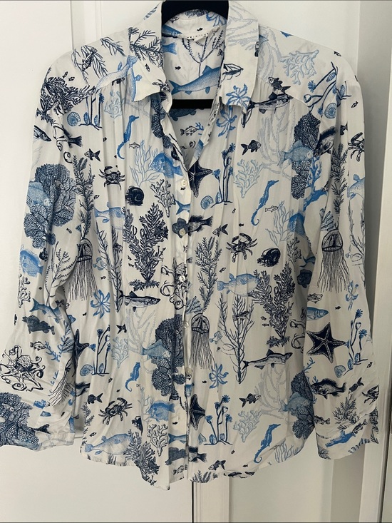 Jane and Delancey Tops - Jane and Delancey White Button-Down Rayon Shirt with Blue Sea-life/Marine Print